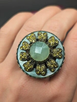 Sweet Romance Signed Large Green Flower Rhinestone Bronze Tone Statement Ring  - Image 1 of 4