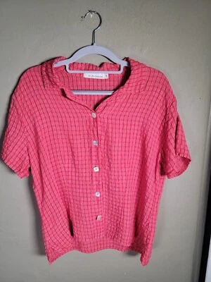 Blusa feminina de linho cortada solta média vermelha e rosa xadrez detalhes de botão praia - Imagem 1 de 4