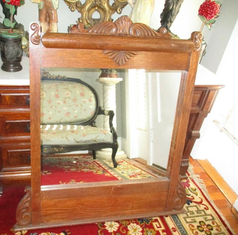 Antique Victorian Ornate Oak Wood Dresser Mirror 40" Tall x 37.5" wide Cover