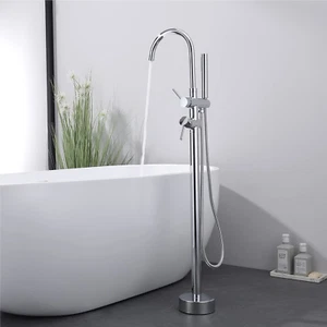 Floor Mount Bathtub Faucet Polished Brass Chrome Finish w/Handheld Showerhead - Picture 1 of 6