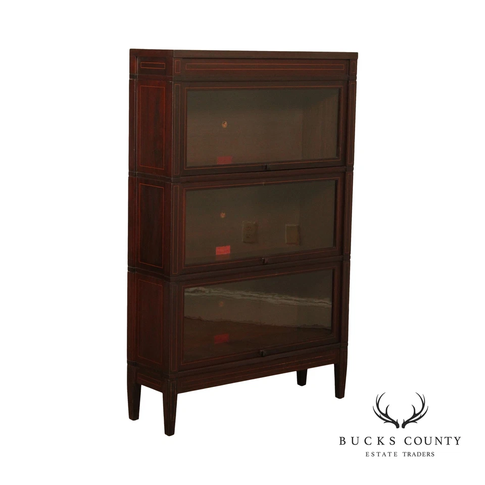 Librería antigua Globe Wernicke estilo Sheraton 3 pilas con incrustaciones de caoba Foto 1 de 4