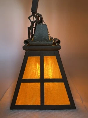 Lámpara antigua de porche de techo de vidrio de escoria de cobre para artes y manualidades Mission Foto 1 de 4