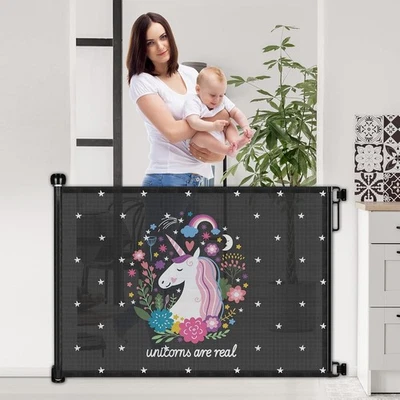 Retractable Baby Gate for Doorway 33" Tall, to 55" Wide, Unicorn Mesh Design - Image 1 of 4