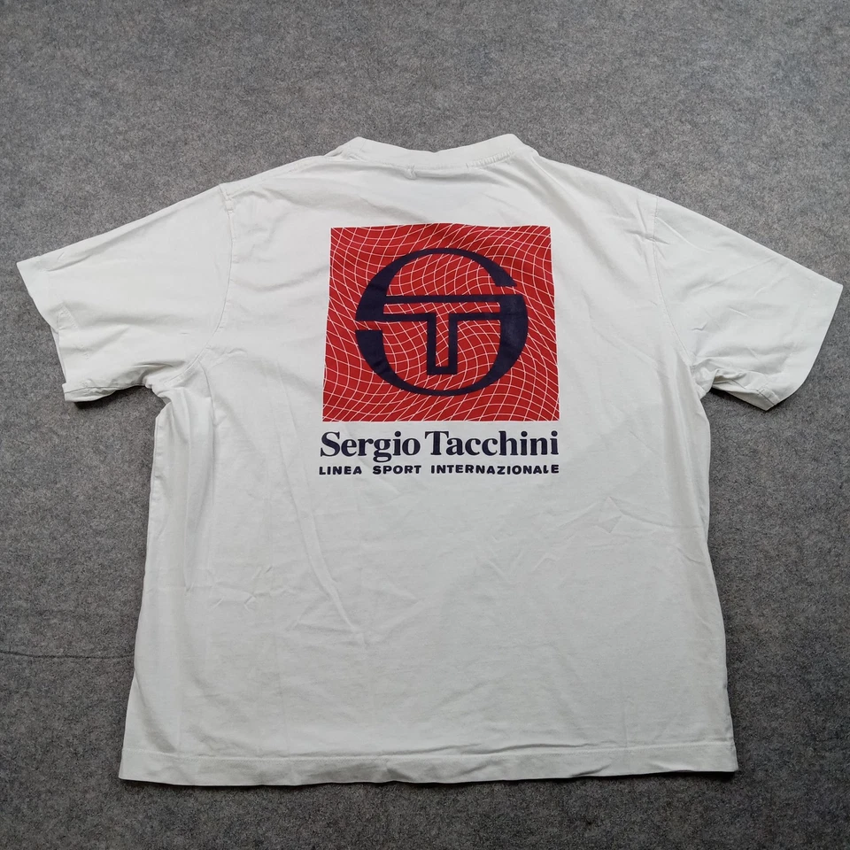 Camisa Sergio Tacchini Para Hombres Grande Blanca Gráfico Logo Manga Corta Algodón Tenis Foto 1 de 4