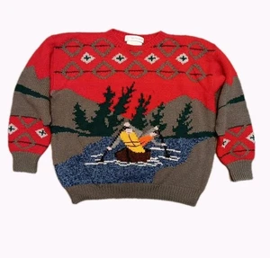RARE BRAEMAR 100% WOOL SWEATER MEN IN ROW BOAT PINE TREES WATER CAMPING (M) - Picture 1 of 13