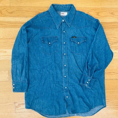 Vintage Lee Western Denim Shirt Mens 18-34 Chambray Pearl Snap USA Made - Image 1 of 4