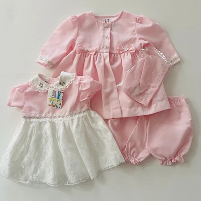Vestido capota vintage 3-6 meses bebê menina rosa Schiffli roupa primavera Páscoa - Imagem 1 de 4