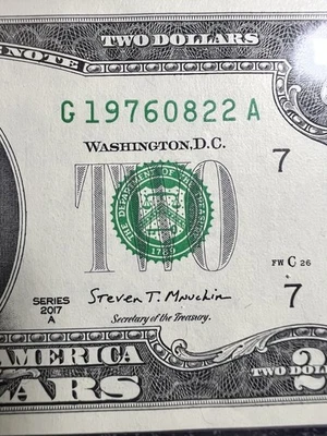 August 22nd, 1976 (G 19760822 A) BIRTHDAY Note $2 Two Dollar Bill *UNC* - Image 1 of 3