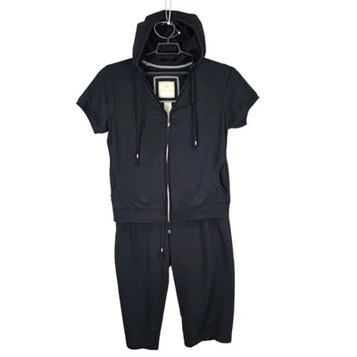 Conjunto de sudadera con capucha y pantalón capri con cremallera completa activo negro té verde para mujer manga corta XL Foto 1 de 4