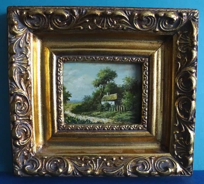 Miniatur Öl Gemälde Ölbild Landschaft mit Kate Holzrahmen in gold - Bild 1 von 3