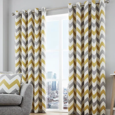 Chevron Ochre & Grey Eyelet Readymade Lined Curtains  - Image 1 of 3