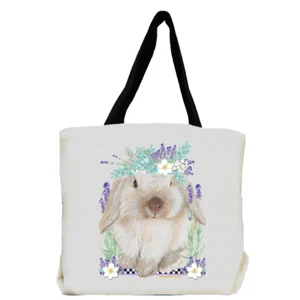 Bunny Floppy Eared Lop Eared Beige Rabbit with Lavender Flowers Tote Bag - Picture 1 of 1