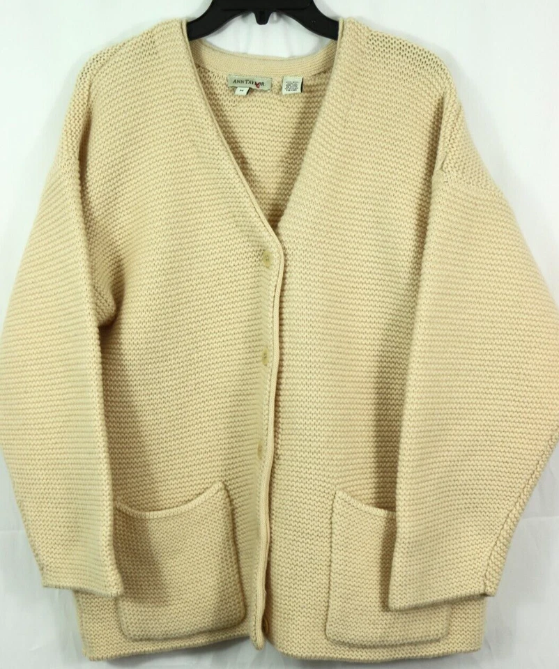 Ann Taylor Heavy 100% Wool Knit Cardigan Women's M Ivory Off White Wool Sweater - Image 1 of 4