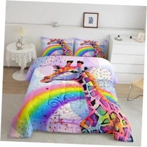 Cute Giraffe Bedding Set Size Rainbow Comforter for Kids Teens Queen Multi 06 - Picture 1 of 8