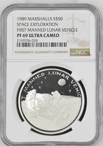 1989 Marshall Islands Space First Manned Lunar Vehicle Silver $50 - NGC PF69 UC - Picture 1 of 2