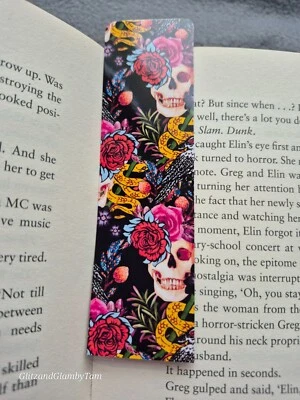 GLITZ AND GLAM BY TAM Skull floral Bookmark , Book lover gift , cute book mark , birthday valentine
