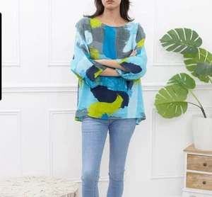 100% Linen Tunic Womans Oversized Abstract Print XL Made In ITALY MODA - Picture 1 of 11