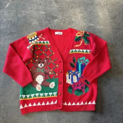 Cárdigan de esquina informal vintage suéter para mujer M campanas rojas casa de campo de Navidad Foto 1 de 4