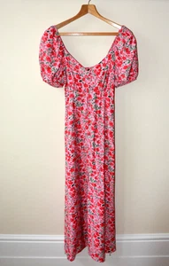 EX NEW LOOK PINK+RED FLORAL PRINT PUFF SLEEVE SELF TIE MIDI DRESS SIZE 10- 18 - Picture 1 of 8