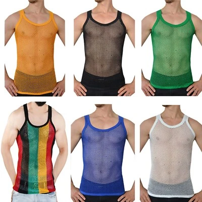 Mens String summer mesh vest top 100% cotton fishnet fitted breathable Tank Gym - Image 1 of 4