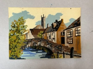 Hamlet English Village River Scene Finished Needlepoint Tapestry Picture - Picture 1 of 4