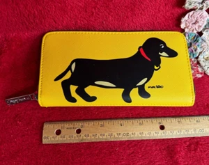 Max Tetro Bright Yellow Clutch Wallet with Black Dachshund Design Striped Inside - Picture 1 of 8
