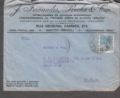 Brazil 1941 WWII ad cover J Fernandes Rocha & Cia Santos to Ginger Rogers Hollyw - Image 1 of 2