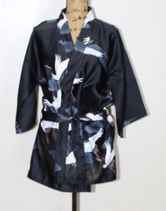 Vintage Marukyo Japanese Black Crane Satin Kimono Short Robe Tie Belt Women's M - Picture 1 of 8
