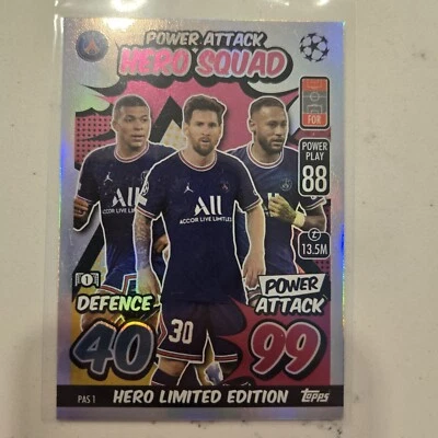 2021-22 Topps Match Attax UCL Hero Squad Messi Mbappe Neymar Jr Limited Edition - Image 1 of 2