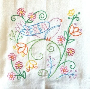 SPRING BIRDSONG PATTERN MACHINE EMBROIDERED FLOUR SACK DISH TOWEL - Picture 1 of 2