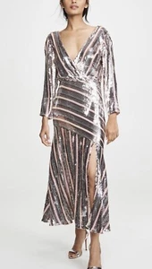 BNWT NEW Rixo Tyra Sequin Silver Stripe Bronze Midi Dress Size Large - Picture 1 of 8