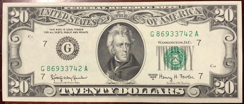 1963 A,G Block $20 Federal Reserve Note, Never Been Circulated, No Fold Or Tear  - Image 1 of 4