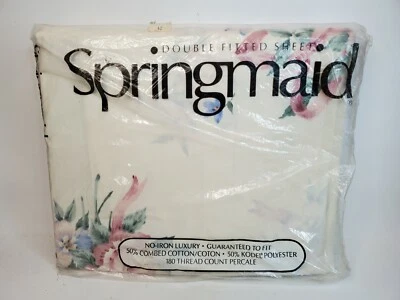 Springmaid Double Fitted Floral Sheet 180 Thread CT Percale Bridal Pink NEW - Image 1 of 4