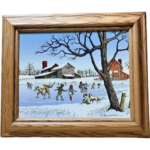 H Hargrove Oil Painting Serigraph Children Ice Skating Pond Signed Certified - Picture 1 of 11