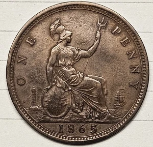 1865 Over 1863 UK Great Britain Victoria One Penny - Rare 1865/1863 - 1865/3 - Picture 1 of 8
