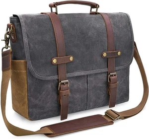 Borsa messenger uomo 15,6 pollici impermeabile vintage vera pelle tela cerata - Foto 1 di 9