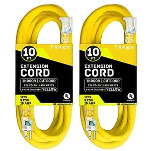 10 Ft Outdoor Extension Cord, 2 Pack - 12/3 Heavy Duty Yellow Extension Cable - Picture 1 of 5