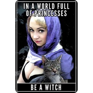 Halloween Cat Tin Sign 8x12 World Full Princess Be Witch Pretty Blonde Grey Cat - Picture 1 of 2