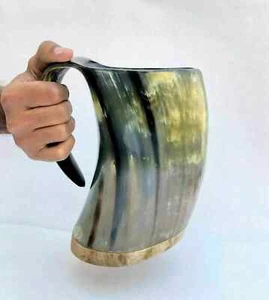 Wikinger Hornkrug Biertrink großer Becher mit Holzsockel Handarbeit 18 cm - Bild 1 von 3