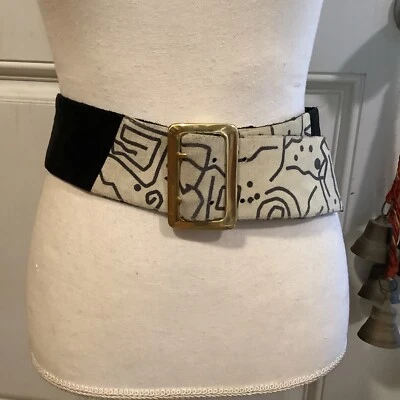 Festival whimsigoth cream black artsy 2.5" suede brass buckle belt waist 30"-32" - Image 1 of 4