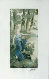 Original vintage print LIBERTY LADY SWALLOWS & FLOWERS c.1900 Lucas - Bild 1 von 4