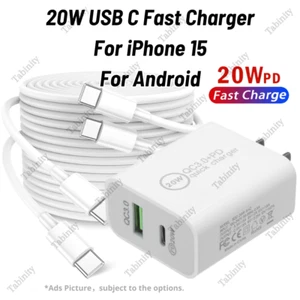 For Samsung Galaxy iPhone 15 Pro Plus 20W PD Fast Wall Charger Dual Type C Cable - Picture 1 of 14