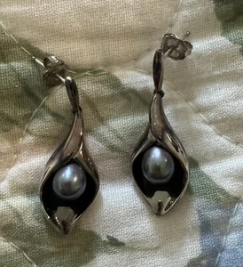 Sterling Silver Pearl Earrings Wedding Birthday Oxidized Boho Steampunk - Picture 1 of 5