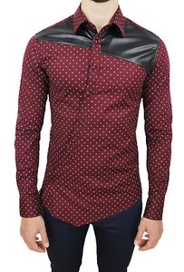 CAMICIA UOMO DIAMOND ROSSO BORDEAUX IN COTONE ELASTICO CON INSERTI IN ECOPELLE  - Imagen 1 de 4