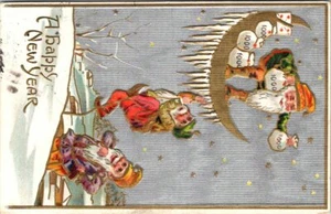 HAPPY NEW YEAR - GNOMES & MONEY BAGS - OLD EMBOSSED POSTCARD - Picture 1 of 2