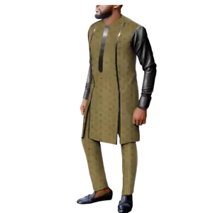 Dashiki African Men Long-Sleeve Senator Jacquard Cotton Shirt Pants Set Y31896 - Picture 1 of 9