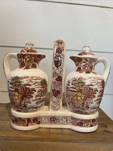 Vintage Nasco Japan Oil/Vinegar Cruet Set With Caddy/holder Mountain Woodland - Picture 1 of 24