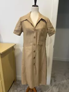 60s Vintage Handmade Tan Brown Button-Down mod Shirt Dress Minimalist - Picture 1 of 10