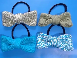 Set of 4 Bow Hair Ties Sage Green Turquoise Blue White Mix Colors Knit Handmade - Picture 1 of 8