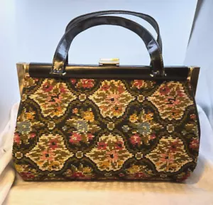 Borsa da tappeto vintage - arazzo floreale - chiusura a scatto - doppie maniglie - Foto 1 di 9
